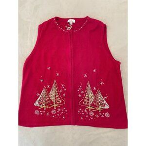 Quacker Factory Women's Christmas Sweater Vest 2X Red Beaded Sequin Trees
